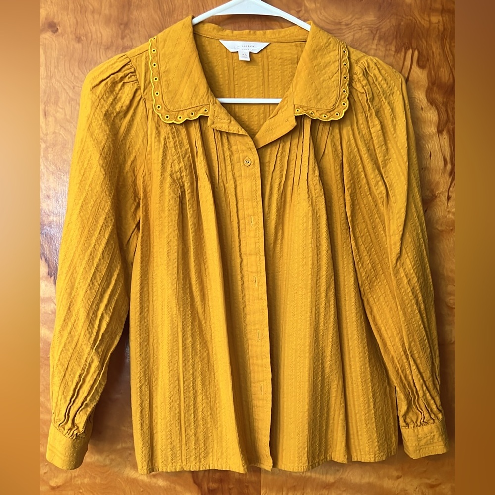 LC Lauren Conrad Mustard Yellow Women's Top with Embroidered Collar - Picture 2 of 4